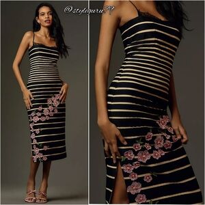 Anthropologie, Maeve Striped Square-Neck Sleeveless Floral Applique Midi Dress